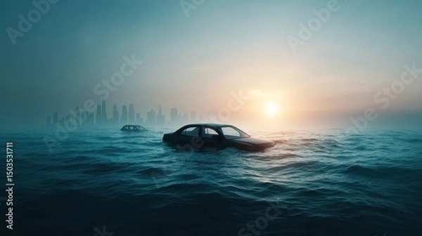 Obraz Submerged cars in a flooded urban landscape at sunset.