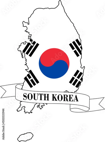 Fototapeta The map of South Korea overlaid with the South Korean flag and its name written on a ribbon
