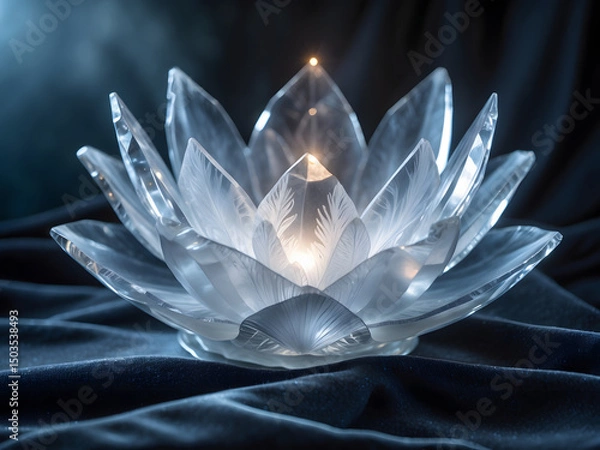 Fototapeta Crystal Lotus: An exquisitely crafted crystal lotus blossom, illuminated from within, radiating serenity and inner peace. Capturing the delicate beauty of the spiritual symbol and its ethereal glow.