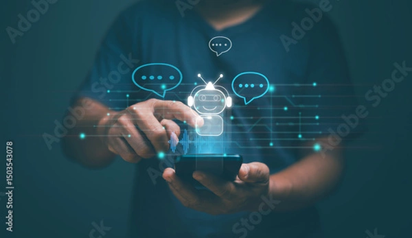 Fototapeta Chat with AI or Artificial Intelligence technology, Businessman using smartphone chatting online with ai chatbot. Futuristic technology, Online automation chatbot. Conversation assistant.