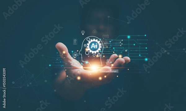 Fototapeta Artificial intelligence or AI of futuristic technology concept, Hand holding virtual AI technology and network equipment icon, Internet of Things, futuristic innovation, smart communication network.