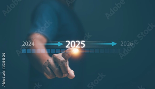 Fototapeta Progressing of financial concept. Hand touching on download bar status to change from 2024 to 2025 and business plan for 2026. Development to success motivation. Strategy for investment plan.