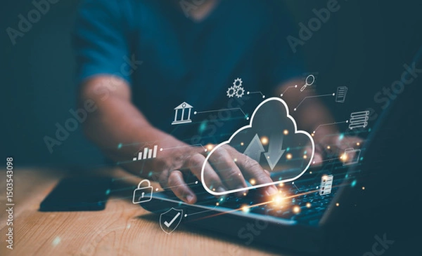 Fototapeta Cloud computing technology concept. Businessman using laptop for connect to cloud computing network. Online data storage. Big data. Document sharing and storage. Networking and internet service.