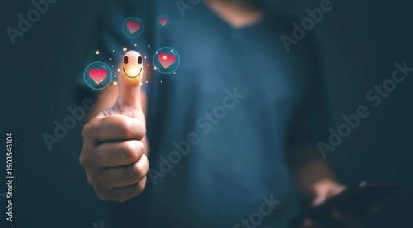 Fototapeta Customers review. Businessman thumbs up showing happy smile face and red heart emotion. Positive feedback rating. Satisfaction survey. Good feeling and compliment. Think positive.