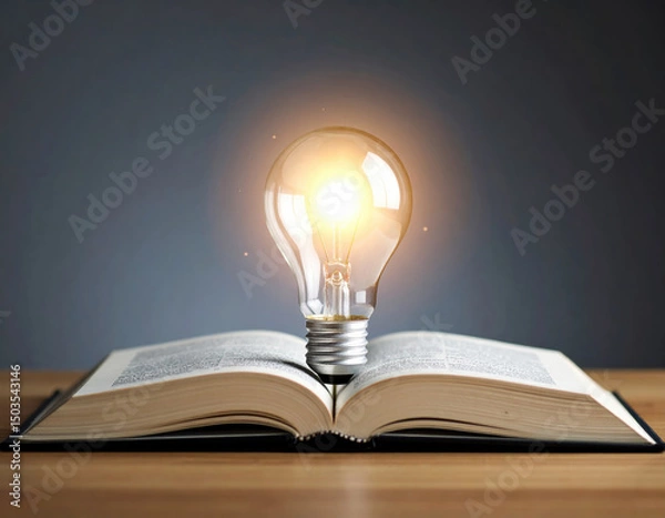 Obraz Brilliant illuminated light bulb glows above open textbook, symbolizing high fidelity and inspiration in learning. This captures essence of knowledge and creativity
