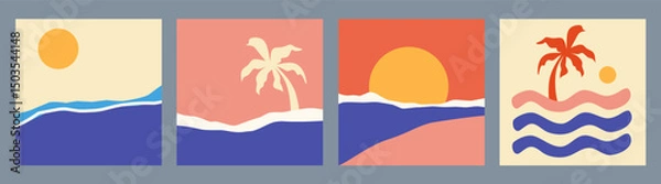 Fototapeta Set of tropical summer square design templates with copy space, palm tree, wave, sun, sky on colorful backgrounds for banner, greeting card, social media, poster and advertising. Fun concept - vector