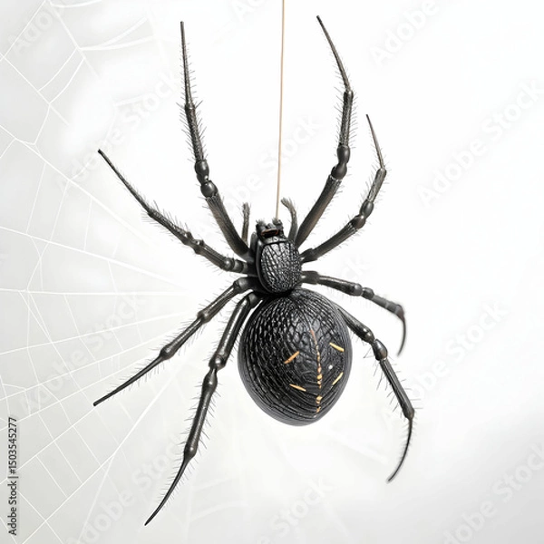 Fototapeta a black spider hanging from its web thread 3d wi