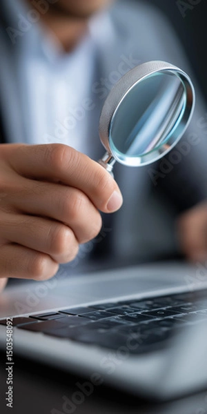 Obraz A man is holding a magnifying glass over a laptop. Concept of curiosity and investigation, as if the man is trying to uncover something hidden or important on the laptop screen