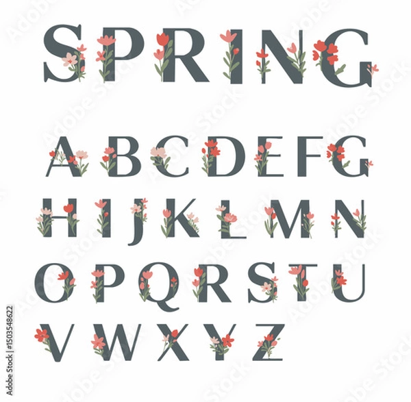 Fototapeta Elegant floral alphabet with red and pink flowers. Serif uppercase letters with spring botanical decorations, ideal for wedding designs, greeting cards, and seasonal branding.