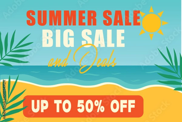 Fototapeta summer  beach salessummer sale beach banner with big discount and tropical elements for ecommerce marketing or online store promotion design

