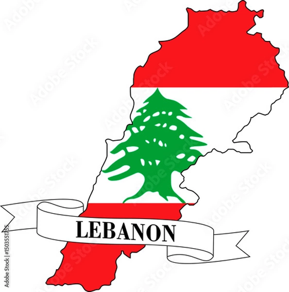 Fototapeta The map of Lebanon overlaid with the flag of Lebanon and its name written on a ribbon