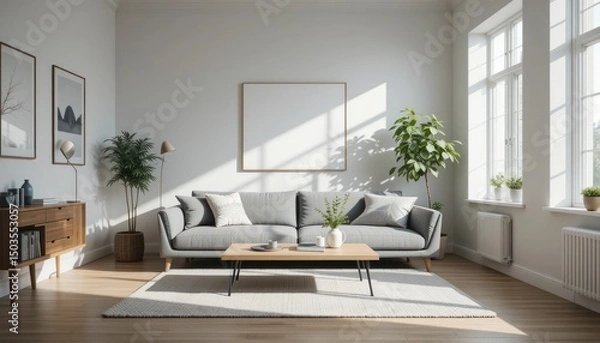 Obraz A modern living room interior boasts comfortable furniture, including a sofa and chairs, around a wood table, with luxury decor enhancing the home design