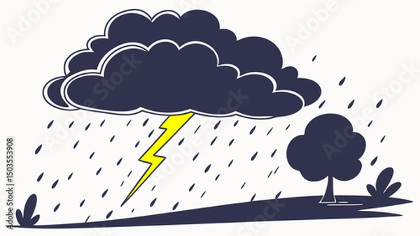 Fototapeta Storm cloud with lightning and rain over a grassy landscape  