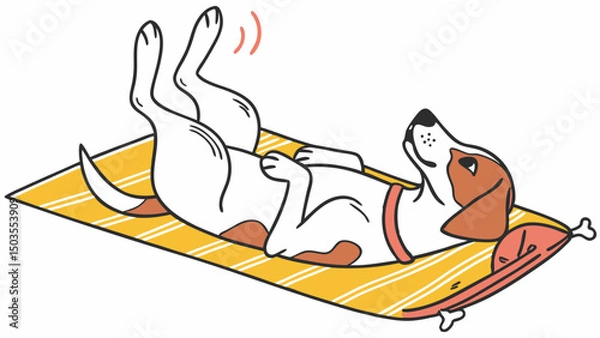 Fototapeta Playful dog lying on yellow mat with paws in the air  