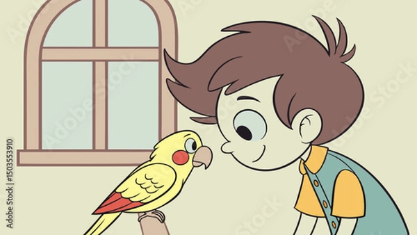 Fototapeta A young guy communicates with his pet parrot while sitting indoors