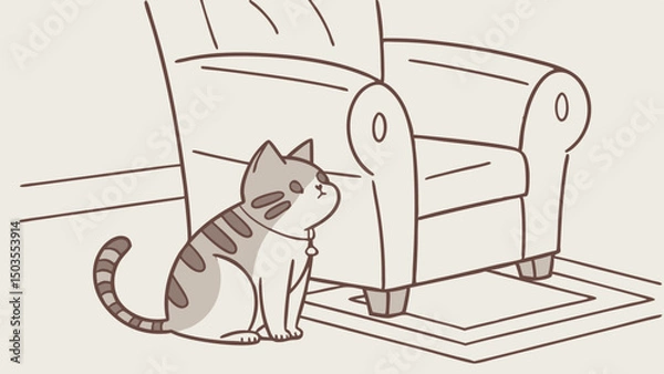Fototapeta Cat sitting on rug beside armchair in a cozy living room  