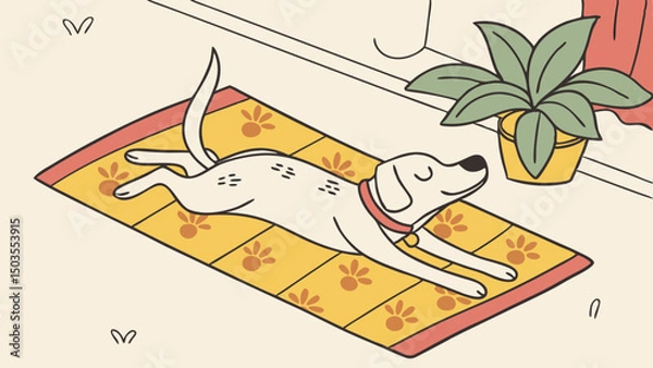 Fototapeta Dog lying on colorful mat next to potted plant in cozy room  