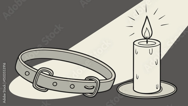 Fototapeta Candle beside pet collar on dark surface with spotlight effect  