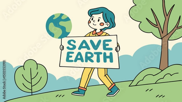 Fototapeta Young boy holding a sign that says "Save Earth" while walking outdoors  