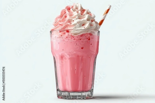 Fototapeta Refreshing Pink Milkshake with Whipped Cream and Striped Straw