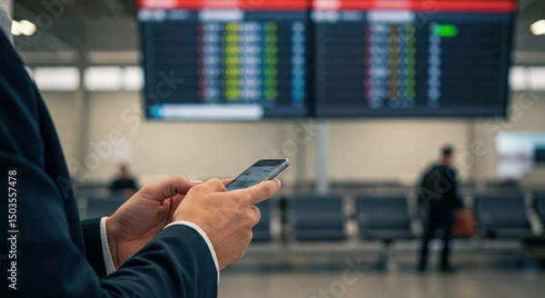 Fototapeta Close up of man's hands using smartphone at airport, flight information display blurred. Travel, mobile, connectivity concept.