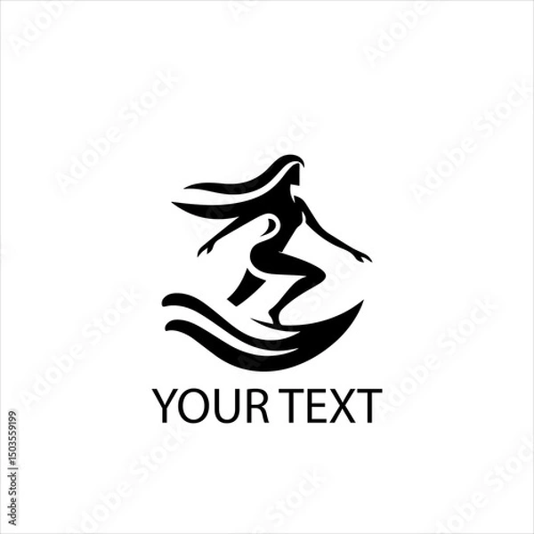 Obraz Surfing Woman Logo Design – Surfer Riding Wave Vector Emblem Isolated on White Background