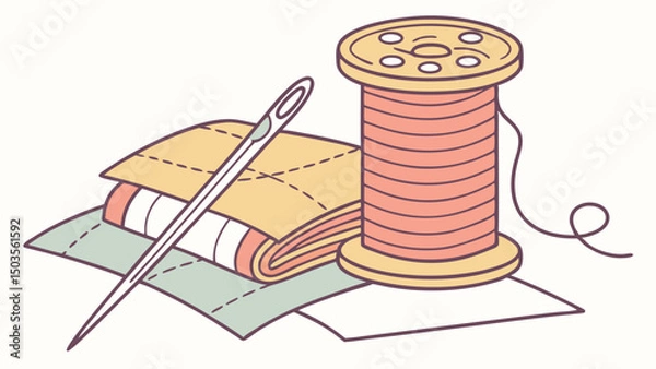 Fototapeta Sewing needle and thread beside fabric pieces for mending  