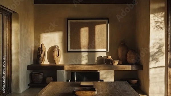 Fototapeta Warm, neutral tones fill a sun-drenched interior space.