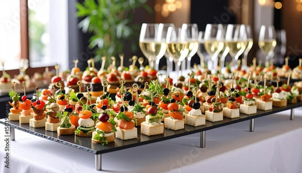 Fototapeta An elegant arrangement of assorted gourmet canapés is beautifully displayed on a table, with sparkling wine glasses lined up in the background for a sophisticated celebration.