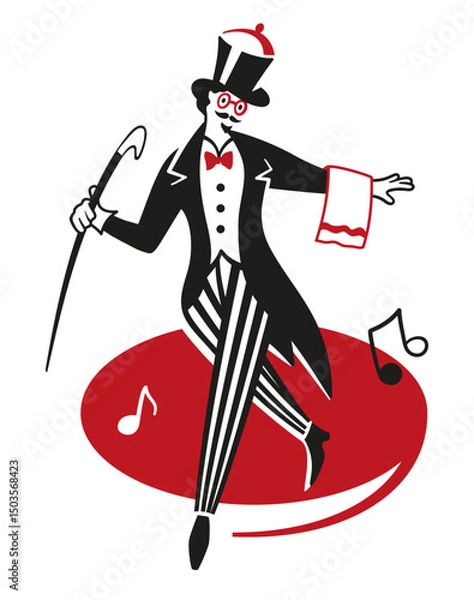 Fototapeta Tap Dancing Man Logo with Broadway vibe. Waiter dressed in a tuxedo and top hat with a dish in retro style