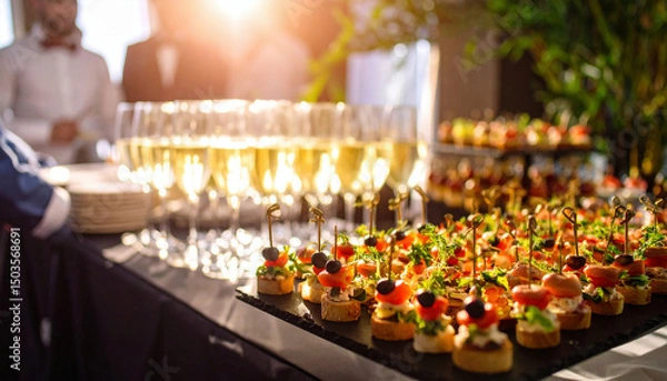 Fototapeta An elegant arrangement of assorted gourmet canapés is beautifully displayed on a table, with sparkling wine glasses lined up in the background for a sophisticated celebration.