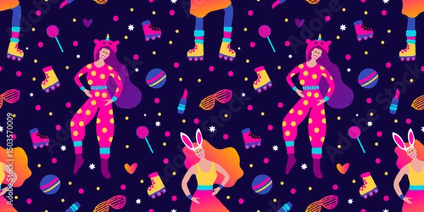 Fototapeta Whimsical  Girl In Pajama Or Costume With Rollers Makeup And Party Elements Seamless 80s Vector Pattern