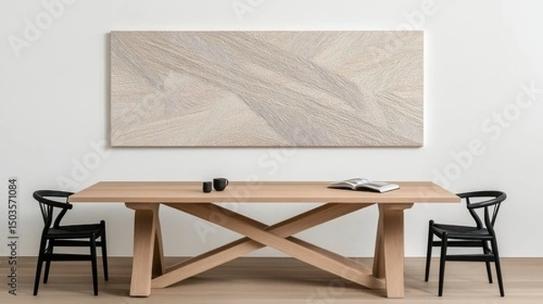 Fototapeta Light beige abstract artwork above a large, light brown wooden dining table.