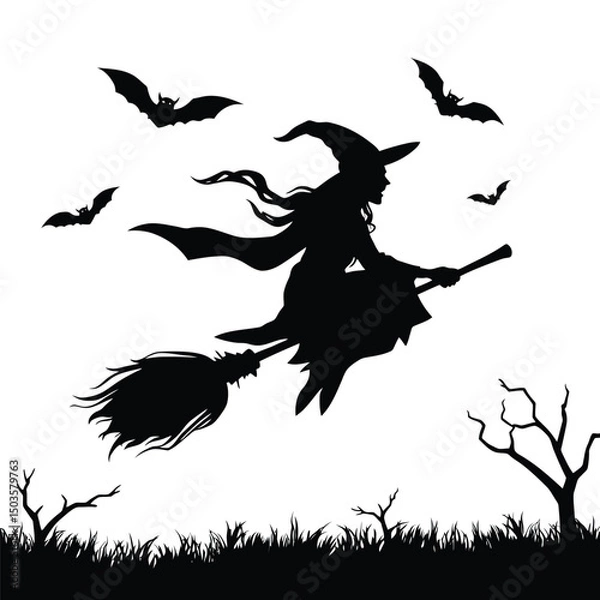 Fototapeta Silhouette of a flying witch on a broomstick with bats at night
