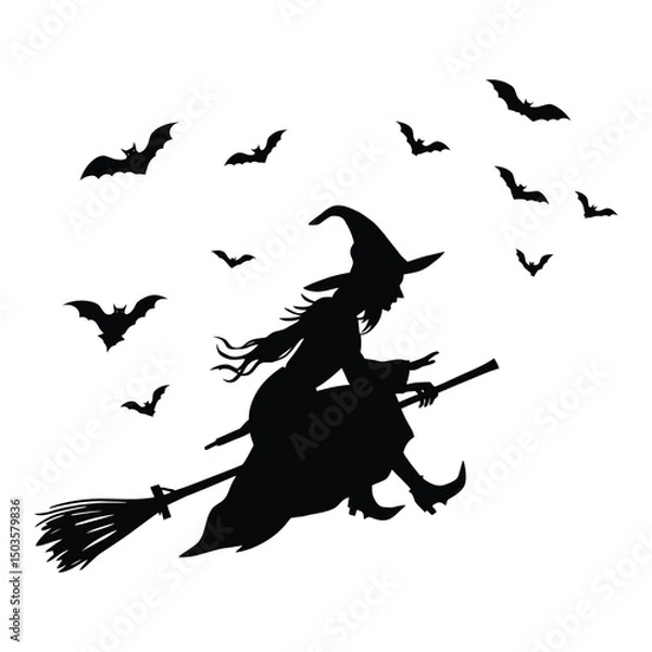 Fototapeta Silhouette of a flying witch on a broomstick with bats at night