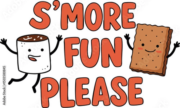 Fototapeta S’more Fun Please with Happy Marshmallow and Graham Cracker Illustration for Camping and Snacks 