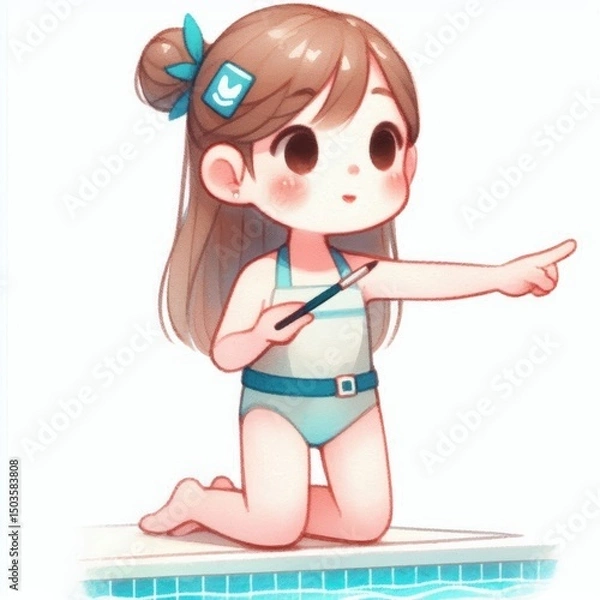 Fototapeta Charming cartoon girl in swimsuit pointing with excitement by the pool