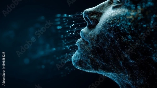 Fototapeta Side profile of a face made of blue particles emitting from the mouth and nose area
