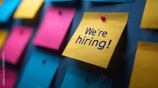 Fototapeta Colorful sticky notes on a blue wall with one saying we are hiring in blue text message