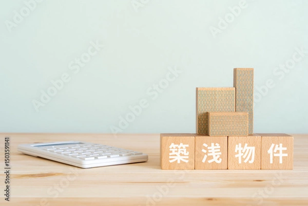 Obraz 築浅物件と書かれたブロック、不動産の模型、電卓