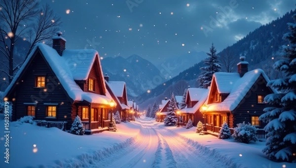 Fototapeta Charming snow covered town, Christmas eve, glowing windows, idyllic, glowing, eve