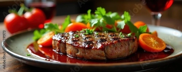 Obraz Juicy steak, vibrant roasted vegetables, rich sauce, wine , beef, delicious