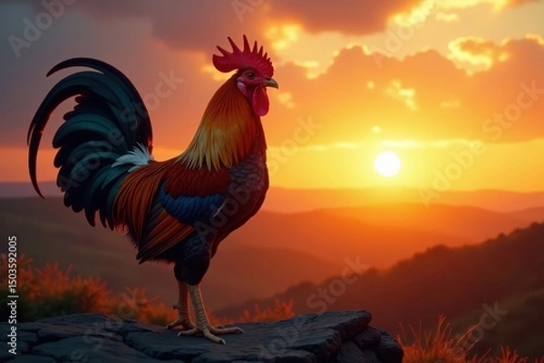 Obraz Majestic rooster, sharp lines, sunrise background, silhouette, rural