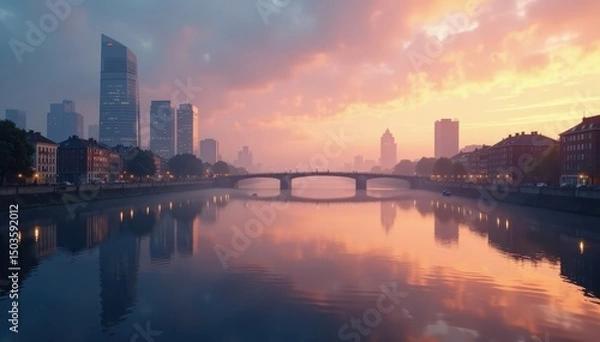 Obraz Misty Thames at dawn, cityscape reflected in water, fog, river