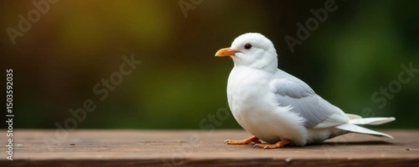 Obraz Pure white bird rests on rustic brown wooden table , wild, vintage, background