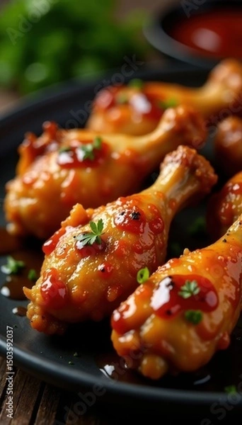 Obraz Perfectly grilled chicken wings, glistening sauce, image, chicken wings