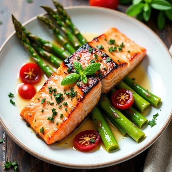 Obraz Salmon fillet baked with roasted asparagus and sun-dried tomatoes, herbs , low carb, roasted vegetables