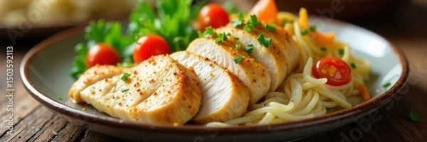 Obraz Sliced chicken breast with medley of steamed vegetables , overhead, food styling, diet food
