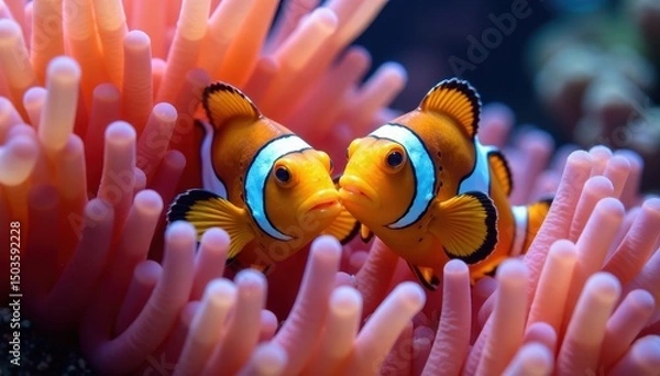 Obraz Two orange clownfish nestled within vibrant sea anemone tentacles , macro photography, reef