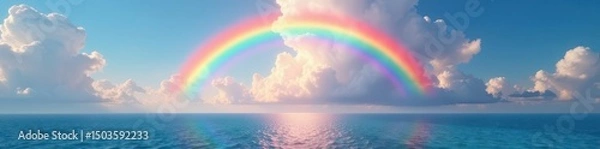 Obraz Vibrant rainbow arching over tranquil sea, fluffy clouds , sea, water, calm